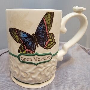 "Good Morning" Floral Butterfly Grassland Road Coffee/Tea Cup Mug EUC